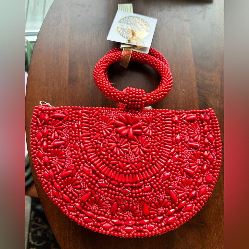Vibrant Red Macramé Clutch with Floral Design